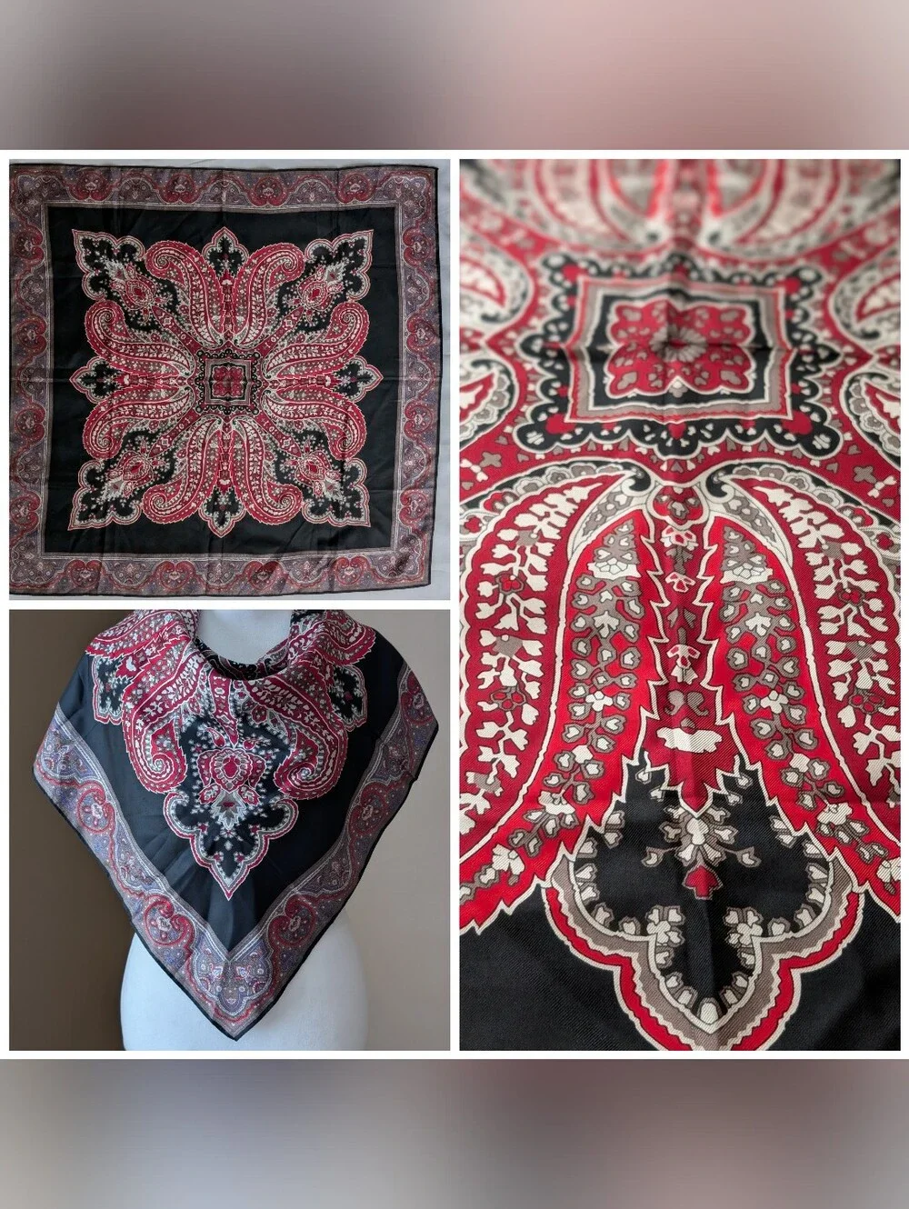 Van Horn Silk Scarf 31x30 Black Red Beige Floral